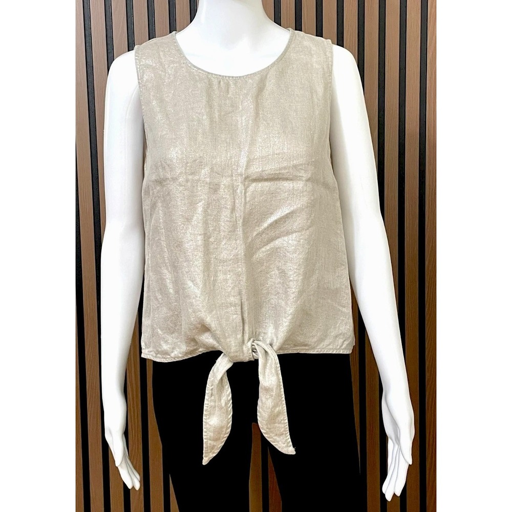 Christian Siriano Women's S Brown Blouse 100% Linen‎ Top Metallic  Tie Knot Boho
